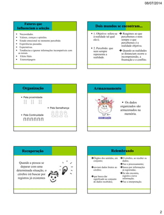 08/07/2014
2
Fatores que
Influenciam a seleção
 Necessidades.
 Valores, crenças e opiniões.
 Estado emocional no momento percebido.
 Experiências passadas.
 Expectativas.
 Tendências a ignorar informações incompatíveis com
as nossas.
 Efeito Halo.
 Estereotipagem
Dois mundos se encontram...
 1. Objetivo: refere-se
à realidade tal qual
ela é;
 2. Percebido: que
nem sempre
representa a
realidade.
 Reagimos ao que
percebemos e nem
sempre o que
percebemos é a
realidade objetiva.
 Quando as realidades
se distanciam ocorre a
incompreensão, a
frustração e o conflito.
Organização
 Pela proximidade
 Pela Semelhança
 Pela Continuidade
∏ ∏ ∏ ∏ ∏ ∏
Armazenamento
 Os dados
organizados são
armazenados na
memória.
Recuperação
Quando a pessoa se
deparar com uma
determinada situação, o
cérebro irá buscar por
registros já existentes
Relembrando
Órgãos dos sentidos, em
conjunto;
enviam dados brutos ao
cérebro;
que busca dar
significado ao conjunto
de dados recebidos;
O cérebro, ao receber os
dados;
Faz o processamento;
busca por informações
já registradas;
Se não encontra,
registra a nova
informação;
Faz a interpretação.
 