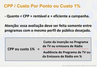 CPP / Custo Por Ponto ou Custo 1%

- Quanto < CPP + rentável e + eficiente a campanha.

Atenção: essa avaliação deve ser feita somente entre
programas com o mesmo perfil de público desejado.

                      Custo da inserção no Programa
                      de TV ou emissora de Rádio
 CPP ou custo 1% =
                      Audiência do Programa de TV ou
                      da Emissora de Rádio em %

                                  Prof. Leonardo Ferreira Carvalho / Mídia 2 / 4º ano PP 2.013
 