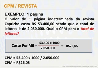 CPM / REVISTA
EXEMPLO: 1 página
O valor de 1 página indeterminada da revista
Capricho custa R$ 53.400,00 sendo que o total de
leitores é de 2.050.000. Qual o CPM para o total de
leitores?

                   53.400 x 1000
   Custo Por Mil =               = R$26,05
                    2.050.000

CPM = 53.400 x 1000 / 2.050.000
CPM = R$26,05
                                  Prof. Leonardo Ferreira Carvalho / Mídia 2 / 4º ano PP 2.013
 