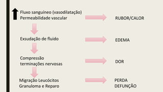 Fluxo sanguíneo (vasodilatação)
Permeabilidade vascular
Exsudação de fluido
Compressão
terminações nervosas
Migração Leucócitos
Granuloma e Reparo
RUBOR/CALOR
EDEMA
DOR
PERDA
DEFUNÇÃO
 