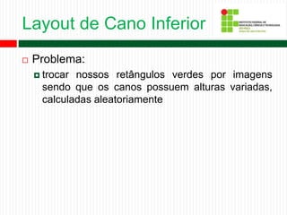 Layout de Cano Inferior
 Problema:
 trocar nossos retângulos verdes por imagens
sendo que os canos possuem alturas variadas,
calculadas aleatoriamente
 