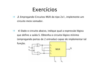 ExercíciosExercícios
3. Empregando Circuitos MUX do tipo 2x1, implemente um
circuito meio somador.
4. Dado o circuito abaixo, indique qual a expressão lógica
d fi íd S Obt h i it ló i í ique define a saída S. Obtenha o circuito lógico mínimo
(empregando portas de 2 entradas) capaz de implementar tal
função.
 