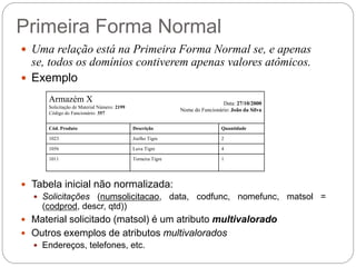 Primeira Forma Normal 
Uma relação está na Primeira Forma Normal se, e apenas se, todos os domínios contiverem apenas valores atômicos. 
Exemplo 
Tabela inicial não normalizada: 
Solicitações (numsolicitacao, data, codfunc, nomefunc, matsol = (codprod, descr, qtd)) 
Material solicitado (matsol) é um atributo multivalorado 
Outros exemplos de atributos multivalorados 
Endereços, telefones, etc. 
Armazém X 
Solicitação de Material Número: 2199 
Código do Funcionário: 357 
Data: 27/10/2000 
Nome do Funcionário: João da Silva 
Cód. Produto 
Descrição 
Quantidade 
1023 
Joelho Tigre 
2 
1056 
Luva Tigre 
4 
1011 
Torneira Tigre 
1 
 