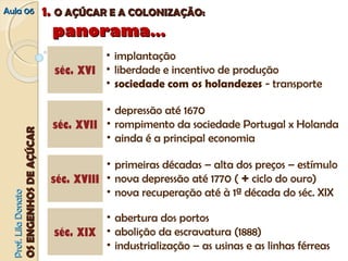 AAuullaa 0066 11.. OO AAÇÇÚÚCCAARR EE AA CCOOLLOONNIIZZAAÇÇÃÃOO:: 
• implantação 
• liberdade e incentivo de produção 
• sociedade com os holandezes ‐ transporte 
séc. XVI 
• depressão até 1670 
• rompimento da sociedade Portugal x Holanda 
• ainda é a principal economia 
séc. XVII 
• primeiras décadas – alta dos preços – estímulo 
• nova depressão até 1770 ( + ciclo do ouro) 
• nova recuperação até à 1ª década do séc. XIX 
séc. XVIII 
• abertura dos portos 
• abolição da escravatura (1888) 
• industrialização – as usinas e as linhas férreas 
séc. XIX 
PPrrooff.. LLiillaa DDoonnaattoo 
OOSS EENNGGEENNHHOOSS DDEE AAÇÇÚÚCCAARR 
ppaannoorraammaa…… 
 