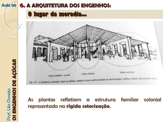 AAuullaa 0066 66.. AA AARRQQUUIITTEETTUURRAA DDOOSS EENNGGEENNHHOOSS:: 
PPrrooff.. LLiillaa DDoonnaattoo 
OOSS EENNGGEENNHHOOSS DDEE AAÇÇÚÚCCAARR 
OO lluuggaarr ddaa mmoorraaddiiaa...... 
As plantas refletiam a estrutura familiar colonial 
representada na rígida setorização. 
 
