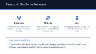 Síntese da Gestão de Processos
Integração
Alinhamento estratégico entre o
Projeto, o Layout e a Tecnologia
adotada.
Melhoria
Foco constante na redução de
desperdícios e otimização dos
fluxos de valor.
Valor
Entrega de produtos e serviços com
qualidade, velocidade e baixo
custo.
CONCLUSÃO ESTRATÉGICA
"O gestor de produção de sucesso é aquele que consegue equilibrar essas três variáveis para
entregar valor máximo ao cliente com o menor desperdício possível."
 