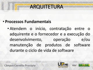 ARQUITETURA
• Processos Fundamentais
• Atendem o início, contratação entre o
adquirente e o fornecedor e a execução do
desenvolvimento, operação e/ou
manutenção de produtos de software
durante o ciclo de vida de software
 