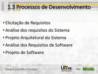 1.3 Processos de Desenvolvimento
• Elicitação de Requisitos
• Análise dos requisitos do Sistema
• Projeto Arquitetural do Sistema
• Análise dos Requisitos de Software
• Projeto de Software
 