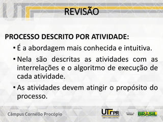REVISÃO
PROCESSO DESCRITO POR ATIVIDADE:
• É a abordagem mais conhecida e intuitiva.
• Nela são descritas as atividades com as
interrelações e o algoritmo de execução de
cada atividade.
• As atividades devem atingir o propósito do
processo.
 