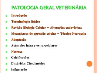 Introdução Terminologia Básica Revisão Biologia Celular   – Alterações cadavéricas Mecanismos de agressão celular – Técnica Necropsia Adaptação Acúmulos intra e extra-celulares Necrose Calcificações Distúrbios Circulatórios Inflamação Distúrbios do Crescimento Celular Neoplasias 