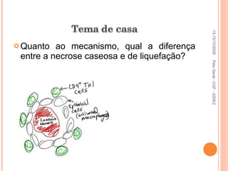 Quanto ao mecanismo, qual a diferença entre a necrose caseosa e de liquefação? 13-15/10/2009 Pato Geral - CGF - 2009/2 