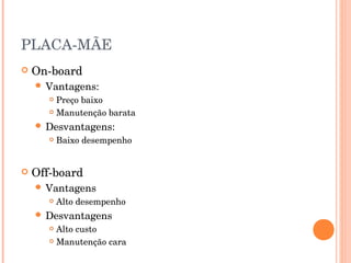 PLACA-MÃE
   On-board
     Vantagens:
        Preço baixo
        Manutenção barata

     Desvantagens:
          Baixo desempenho


   Off-board
     Vantagens
          Alto desempenho
     Desvantagens
        Alto custo
        Manutenção cara
 