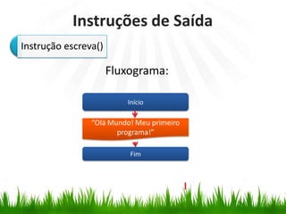 Instruções de Saída
Instrução escreva()
Início
Fim
“Olá Mundo! Meu primeiro
programa!”
Fluxograma:
 