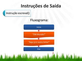 Instruções de Saída
Instrução escreval()
Início
Fim
“Olá Mundo!”
Fluxograma:
“Aqui já é outra linha!"
 