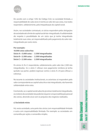 Anotações do Aluno

uvb
De acordo com o artigo 1.052 do Código Civil, na sociedade limitada, a
responsabilidade de cada sócio é restrita ao valor de suas cotas, mas todos
respondem, solidariamente, pela integralização do capital social.
Assim, nas sociedades contratuais, os sócios respondem pelas obrigações
da sociedade até o limite do capital social não-integralizado. A solidariedade
diz respeito à possibilidade de um sócio que já tenha integralizado
totalmente suas cotas, ser responsabilizado pelo pagamento do valor nãointegralizado por outro sócio.
Por exemplo:
10.000 cotas subscritas
Sócio A = 5.000 cotas - 2.500 integralizadas
Sócio B = 2.500 cotas - 2.500 integralizadas
Sócio C = 2.500 cotas - 2.500 integralizadas
Os sócios A, B e C responderão, solidariamente, pelo valor das 2.500 não
integralizadas. Se o sócio C efetuar esse pagamento (embora já tenha
quitado sua parte), poderá regressar contra o sócio A e B para efetuar a
cobrança.

Concluindo, se o capital social subscrito já estiver totalmente integralizado,

c) Sociedade mista
Há, nesta sociedade, uma parte dos sócios com responsabilidade limitada
e outra com responsabilidade ilimitada. Por exemplo: as sociedades em
comandita por ações e comandita simples.

Faculdade On-Line UVB

Direito Comercial

os credores da sociedade não poderão requerer a responsabilização pessoal
dos sócios, devendo arcar com os prejuízos dos negócios realizados.

Aula 07 - Sociedades Empresárias

No tocante às sociedades institucionais, os acionistas só respondem pelo
valor correspondente ao capital subscrito e não integralizado, não havendo
solidariedade entre estes.

62

 
