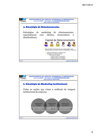 06/11/2014 
8 
15/31 
DEPARTAMENTO DE CIENCIAS ECONOMICAS E EMPRESARIAIS 
Curso de GHT - Di s c ipl ina de EMPREENDEDORI SMO 
Ano Lec t i v o 2014/2015 
4. Estratégia de Relacionamento: 
Estratégias de marketing de relacionamento, 
especialmente com clientes, fornecedores e 
distribuidores; 
e.spencer@electra.cv 
16/31 
DEPARTAMENTO DE CIENCIAS ECONOMICAS E EMPRESARIAIS 
Curso de GHT - Di s c ipl ina de EMPREENDEDORI SMO 
Ano Lec t i v o 2014/2015 
5. Estratégia de Marketing Institucional: 
Todas as acções que visam a melhoria da imagem 
institucional da empresa; 
e.spencer@electra.cv 
 