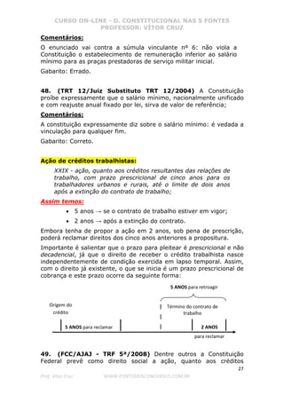 CURSO ON-LINE - D. CONSTITUCIONAL NAS 5 FONTES
PROFESSOR: VÍTOR CRUZ
27
Prof. Vítor Cruz WWW.PONTODOSCONCURSOS.COM.BR
Comentários:
O enunciado vai contra a súmula vinculante nº 6: não viola a
Constituição o estabelecimento de remuneração inferior ao salário
mínimo para as praças prestadoras de serviço militar inicial.
Gabarito: Errado.
48. (TRT 12/Juiz Substituto TRT 12/2004) A Constituição
proíbe expressamente que o salário mínimo, nacionalmente unificado
e com reajuste anual fixado por lei, sirva de valor de referência;
Comentários:
A constituição expressamente diz sobre o salário mínimo: é vedada a
vinculação para qualquer fim.
Gabarito: Correto.
Ação de créditos trabalhistas:
XXIX - ação, quanto aos créditos resultantes das relações de
trabalho, com prazo prescricional de cinco anos para os
trabalhadores urbanos e rurais, até o limite de dois anos
após a extinção do contrato de trabalho;
Assim temos:
• 5 anos → se o contrato de trabalho estiver em vigor;
• 2 anos → após a extinção do contrato.
Embora tenha de propor a ação em 2 anos, sob pena de prescrição,
poderá reclamar direitos dos cinco anos anteriores a propositura.
Importante é salientar que o prazo para pleitear é prescricional e não
decadencial, já que o direito de receber o crédito trabalhista nasce
independentemente de condição exercida em lapso temporal. Assim,
com o direito já existente, o que se inicia é um prazo prescricional de
cobrança e este prazo ocorre da seguinte forma:
49. (FCC/AJAJ - TRF 5ª/2008) Dentre outros a Constituição
Federal prevê como direito social a ação, quanto aos créditos
Término do contrato de
trabalho
2 ANOS
para reclamar
Origem do
crédito
5 ANOS para reclamar
5 ANOS para retroagir
 