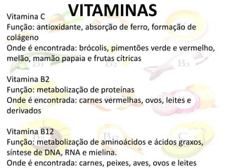 VITAMINAS
Vitamina C
Função: antioxidante, absorção de ferro, formação de
colágeno
Onde é encontrada: brócolis, pimentões verde e vermelho,
melão, mamão papaia e frutas cítricas
Vitamina B2
Função: metabolização de proteínas
Onde é encontrada: carnes vermelhas, ovos, leites e
derivados
Vitamina B12
Função: metabolização de aminoácidos e ácidos graxos,
síntese de DNA, RNA e mielina.
Onde é encontrada: carnes, peixes, aves, ovos e leites
 