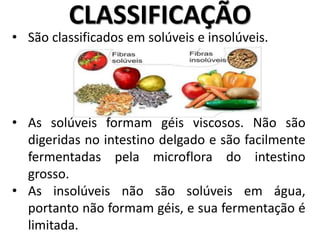 CLASSIFICAÇÃO
• São classificados em solúveis e insolúveis.
• As solúveis formam géis viscosos. Não são
digeridas no intestino delgado e são facilmente
fermentadas pela microflora do intestino
grosso.
• As insolúveis não são solúveis em água,
portanto não formam géis, e sua fermentação é
limitada.
 