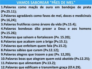 VAMOS SABOREAR "PÃES DE MEL"
1.Palavras como maçãs de ouro em bandejas de prata
(Pv.25.11);
2.Palavras agradáveis como favos de mel, doces e medicinais
(Pv.16,24);
3.Palavras frutíferas como árvore da vida (Pv.15.4);
4.Palavras bondosas dão prazer a Deus e aos homens
(Pv.15.26);
5.Palavras que salvam e fortalecem (Pv. 15.20);
6.Palavras que acabam com a briga (Pv.15.1);
7.Palavras que enfeitam quem fala (Pv.15.2);
8.Palavras sábias que curam (Pv.12.12);
9.Palavras alegres que trazem a paz (Pv. 12,20);
10.Palavras boas que alegram quem está abatido (Pv.12.25);
11.Palavras que alimentam (Pv.13.2);
12.Palavras que edificam e transmitem graça (Ef.4.29).
 