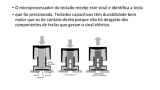 • O microprocessador do teclado recebe este sinal e identifica a tecla
• que foi pressionada. Teclados capacitivos têm durabilidade bem
maior que os de contato direto porque não há desgaste dos
componentes de teclas que geram o sinal elétrico.
 