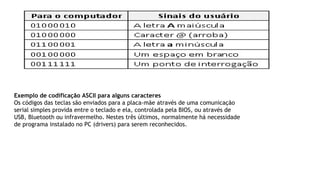 Exemplo de codificação ASCII para alguns caracteres
Os códigos das teclas são enviados para a placa-mãe através de uma comunicação
serial simples provida entre o teclado e ela, controlada pela BIOS, ou através de
USB, Bluetooth ou infravermelho. Nestes três últimos, normalmente há necessidade
de programa instalado no PC (drivers) para serem reconhecidos.
 