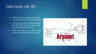 Década de 80 
 1980:Primeiro computador para 
uso individual é lançado pela IBM 
 Ocorre um sobre carregamento 
na ARPANET devido a sua cada 
vez maior popularização. 
 1983: Para evitar um sobre carga 
total a rede é dividida em duas. 
 