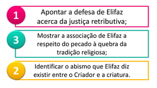 Apontar a defesa de Elifaz
acerca da justiça retributiva;
Mostrar a associação de Elifaz a
respeito do pecado à quebra da
tradição religiosa;
Identificar o abismo que Elifaz diz
existir entre o Criador e a criatura.
1
2
3
 
