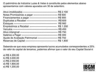 O patrimônio da Indústria Luzes & Velas é constituído pelos elementos abaixo
apresentamos com valores apurados em 30 de setembro.
Ativo imobilizados ------------------------------------------- R$ 2.100
Notas Promissórias a pagar ------------------------------ R$ 600
Financiamentos a pagar ----------------------------------- R$ 900
Duplicatas a Receber -------------------------------------- R$ 600
Estoques ------------------------------------------------------ R$ 900
Empréstimos a Receber ---------------------------------- R$ 1.200
Veículos -------------------------------------------------------- R$ 450
Ativo intangível ----------------------------------------------- R$ 750
Salários a Pagar --------------------------------------------- R$ 300
Ajuste de Avaliação Patrimonial ------------------------- R$ 750
Reservas de Capital ---------------------------------------- R$ 1.800
Sabendo-se que essa empresa apresenta lucros acumulados correspondentes a 25%
do valor do capital de terceiros, podemos afirmar que o valor do seu Capital Social é:
a) R$ 4.200,00
b) R$ 3.000,00
c) R$ 2.550,00
d) R$ 1.800,00
e) R$ 1.200,00
 