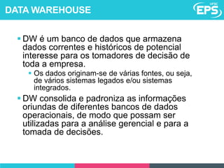  DW é um banco de dados que armazena
dados correntes e históricos de potencial
interesse para os tomadores de decisão de
toda a empresa.
 Os dados originam-se de várias fontes, ou seja,
de vários sistemas legados e/ou sistemas
integrados.
 DW consolida e padroniza as informações
oriundas de diferentes bancos de dados
operacionais, de modo que possam ser
utilizadas para a análise gerencial e para a
tomada de decisões.
DATA WAREHOUSE
 