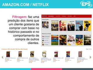 Filtragem: faz uma
predição dos ítens que
um cliente gostaria de
comprar com base no
histórico passado e no
comportamento de
compra de outros
clientes.
AMAZON.COM / NETFLIX
 