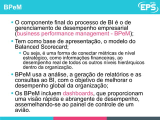  O componente final do processo de BI é o de
gerenciamento de desempenho empresarial
(business performance management - BPeM);
 Tem como base de apresentação, o modelo do
Balanced Scorecard;
 Ou seja, é uma forma de conectar métricas de nível
estratégico, como informações financeiras, ao
desempenho real de todos os outros níveis hierárquicos
dentro da organização.
 BPeM usa a análise, a geração de relatórios e as
consultas ao BI, com o objetivo de melhorar o
desempenho global da organização;
 Os BPeM incluem dashboards, que proporcionam
uma visão rápida e abrangente de desempenho,
assemelhando-se ao painel de controle de um
avião.
BPeM
 