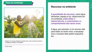 A quantidade de recursos, como água,
alimentos, espaço e luz, disponíveis em
um ambiente, pode afetar a
sobrevivência, o crescimento e o
comportamento dos seres vivos.
A água, por exemplo, é um recurso vital
para todos os seres vivos; a escassez
e/ou o excesso dela podem prejudicá-
los.
Recursos no ambiente
A água é um recurso vital para os seres vivos, como os seres humanos e
os vegetais retratados na fotografia.
© Getty Images.
Foco no conteúdo Veja no livro!
 