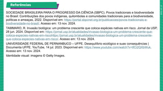 Referências
SOCIEDADE BRASILEIRA PARA O PROGRESSO DA CIÊNCIA (SBPC). Povos tradicionais e biodiversidade
no Brasil: Contribuições dos povos indígenas, quilombolas e comunidades tradicionais para a biodiversidade,
políticas e ameaças, 2022. Disponível em: https://portal.sbpcnet.org.br/publicacoes/povos-tradicionais-e-
biodiversidade-no-brasil/. Acesso em: 13 nov. 2024.
TAMMARO, R. Invasão biológica: um problema crescente que coloca espécies nativas em risco. Jornal da USP,
28 jun. 2024. Disponível em: https://jornal.usp.br/atualidades/invasao-biologica-um-problema-crescente-que-
coloca-especies-nativas-em-riscohttps://jornal.usp.br/atualidades/invasao-biologica-um-problema-crescente-
que-coloca-especies-nativas-em-risco/. Acesso em: 13 nov. 2024.
UNIVERSIDADE FEDERAL DE PERNANBUCO – UFPE. Desequilíbrio ecológico e suas consequências |
Documenta UFPE. YouTube, 14 jul. 2023. Disponível em: https://www.youtube.com/watch?v=tfCi2QXbWuk.
Acesso em: 13 nov. 2024.
Identidade visual: imagens © Getty Images.
 