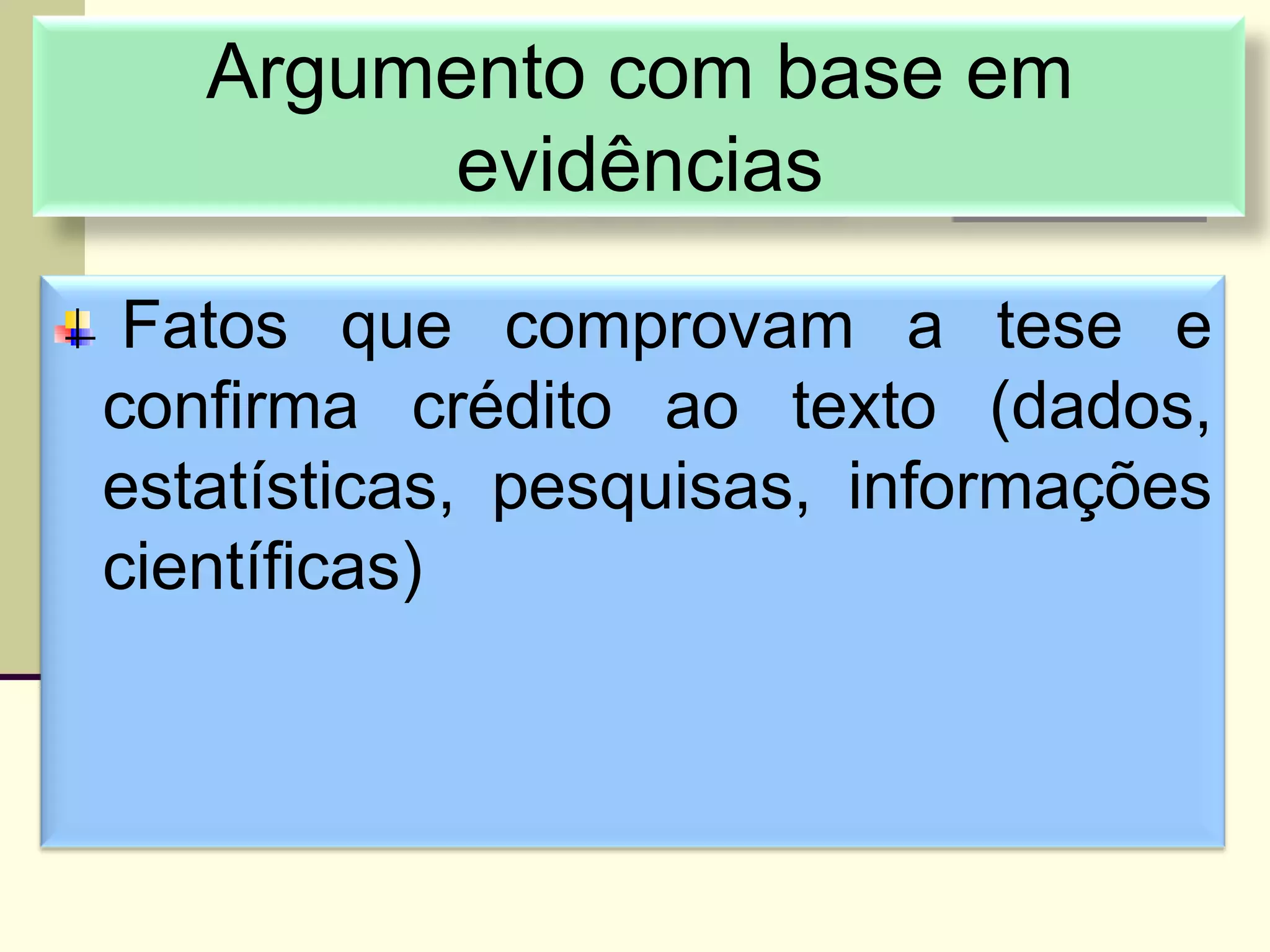 Fatos que comprovam a tese e
confirma crédito ao texto (dados,
estatísticas, pesquisas, informações
científicas)
Argumento com base em
evidências
 