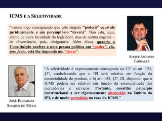 ICMS E A SELETIVIDADE
“vamos logo consignando que este singelo “poderá” equivale
juridicamente a um peremptório “deverá”. Não está, aqui,
diante de mera faculdade do legislador, mas de norma cogente –
de observância, pois, obrigatória. Além disso, quando a
Constituição confere a uma pessoa política um “poder”, ela,
ipso facto, está lhe impondo um “dever”.
“A seletividade é expressamente consagrada na CF: a) art. 153,
§3º, estabelecendo que o IPI será seletivo em função da
essencialidade do produto, e b) art. 155, §2º, III, dispondo que o
ICMS poderá ser seletivo em função da essencialidade das
mercadorias e serviços. Portanto, constitui princípio
constitucional a ser rigorosamente obedecido no âmbito do
IPI, e de modo permitido no caso do ICMS.”
ROQUE ANTONIO
CARRAZZA
JOSÉ EDUARDO
SOARES DE MELO
 