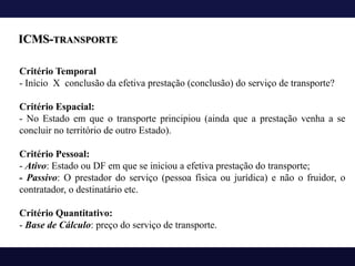 ICMS-TRANSPORTE
Critério Temporal
- Início X conclusão da efetiva prestação (conclusão) do serviço de transporte?
Critério Espacial:
- No Estado em que o transporte principiou (ainda que a prestação venha a se
concluir no território de outro Estado).
Critério Pessoal:
- Ativo: Estado ou DF em que se iniciou a efetiva prestação do transporte;
- Passivo: O prestador do serviço (pessoa física ou jurídica) e não o fruidor, o
contratador, o destinatário etc.
Critério Quantitativo:
- Base de Cálculo: preço do serviço de transporte.
 