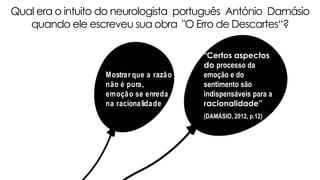 Mostrar que a razão
não é pura,
emoção se enreda
na racionalidade
“Certos aspectos
do processo da
emoção e do
sentimento são
indispensáveis para a
racionalidade”
(DAMÁSIO, 2012, p.12)
Qual era o intuito do neurologista português António Damásio
quando ele escreveu sua obra "O Erro de Descartes“?
 