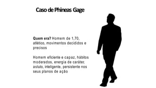 CasodePhineas Gage
Quem era? Homem de 1,70,
atlético, movimentos decididos e
precisos
Homem eficiente e capaz, hábitos
moderados, energia de caráter,
astuto, inteligente, persistente nos
seus planos de ação
 