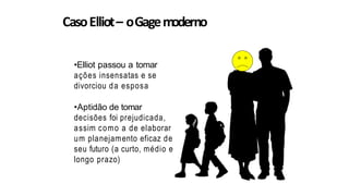 CasoElliot– oGagemoderno
•Elliot passou a tomar
ações insensatas e se
divorciou da esposa
•Aptidão de tomar
decisões foi prejudicada,
assim como a de elaborar
um planejamento eficaz de
seu futuro (a curto, médio e
longo prazo)
 