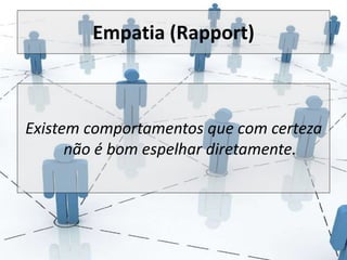 Empatia (Rapport) 
Existem comportamentos que com certeza 
não é bom espelhar diretamente. 
 