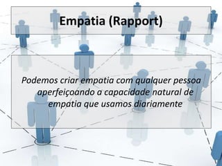 Empatia (Rapport) 
Podemos criar empatia com qualquer pessoa 
aperfeiçoando a capacidade natural de 
empatia que usamos diariamente 
 