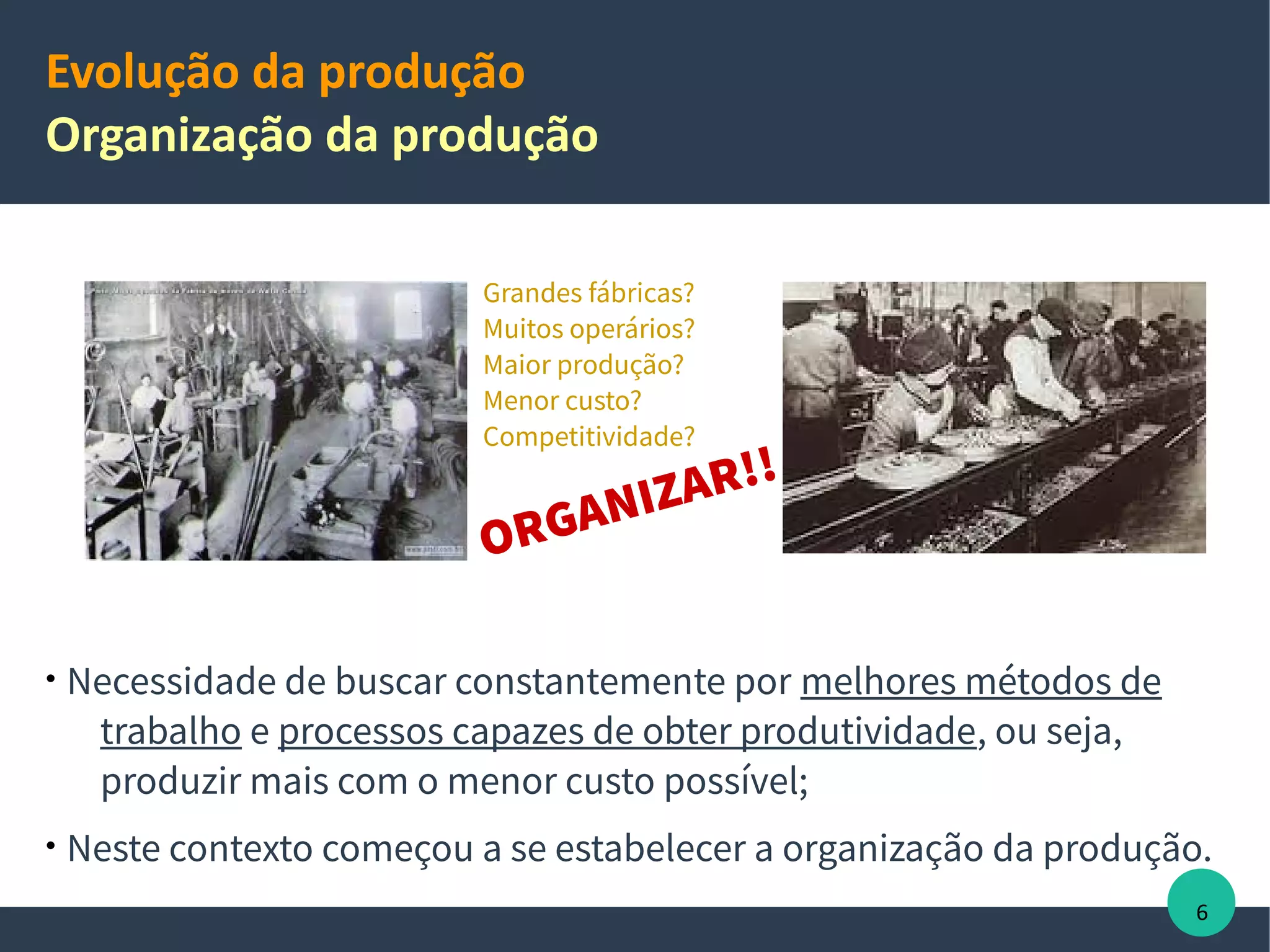 Evolução da produção
Organização da produção

Necessidade de buscar constantemente por melhores métodos de
trabalho e processos capazes de obter produtividade, ou seja,
produzir mais com o menor custo possível;

Neste contexto começou a se estabelecer a organização da produção.
Grandes fábricas?
Muitos operários?
Maior produção?
Menor custo?
Competitividade?
ORGANIZAR!!
6
 
