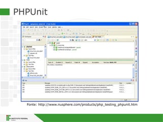 PHPUnit
Fonte: http://www.nusphere.com/products/php_testing_phpunit.htm
 
