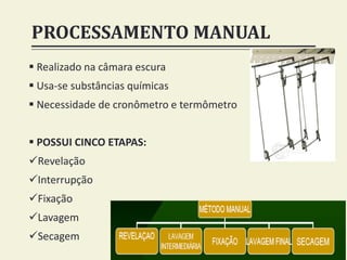 PROCESSAMENTO MANUAL
 Realizado na câmara escura
 Usa-se substâncias químicas
 Necessidade de cronômetro e termômetro
 POSSUI CINCO ETAPAS:
Revelação
Interrupção
Fixação
Lavagem
Secagem
 