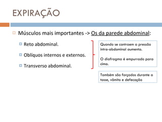 EXPIRAÇÃO Músculos mais importantes ->  Os da parede abdominal : Reto abdominal. Oblíquos internos e externos. Transverso abdominal. Quando se contraem a pressão intra-abdominal aumenta. O diafragma é empurrado para cima. Também são forçados durante a tosse, vômito e defecação 