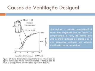 Causas de Ventilação Desigual Nos ápices a pressão intrapleural é muito mais negativa que nas bases. A complacência é ruim, de forma que uma grande variação de pressão gera uma pequena variação de volume. Ventilação pobre nos ápices. 