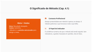 O Significado de Método (Cap. 4.1)
Meta + Hodos
Meta: Resultado desejado.
Hodos: Caminho.
Método é o caminho estruturado para
atingir a meta.
Contexto Profissional
Desejar produtividade sem método é apenas um desejo. O
método padroniza o que funciona e isola o que falha.
O Papel do Indicador
É a evidência numérica de que o método está sendo seguido. Sem
indicadores, a gestão é baseada em opiniões, não em fatos.
 
