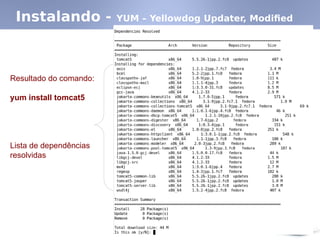 Instalando - YUM – Yellowdog Updater, Modified
Resultado do comando:
yum install tomcat5
Lista de dependências
resolvidas
 