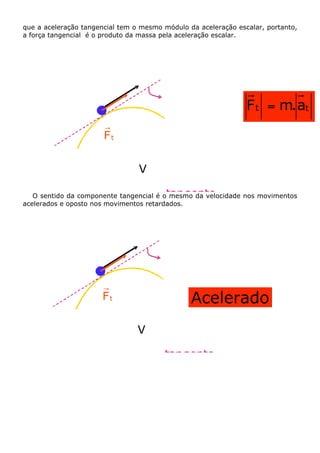 que a aceleração tangencial tem o mesmo módulo da aceleração escalar, portanto,
a força tangencial é o produto da massa pela aceleração escalar.

F t = m. at =
Ft
V
tan gente

O sentido da componente tangencial é o mesmo da velocidade nos movimentos
acelerados e oposto nos movimentos retardados.

Acelerado

Ft
V

tan gente

 